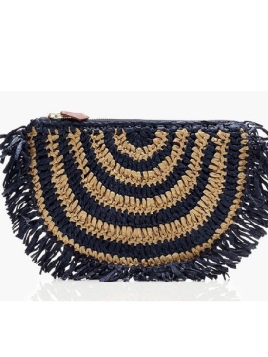 J. Crew Handbags - J. Crew Navy & Natural Woven Fringe Half-Moon Clutch